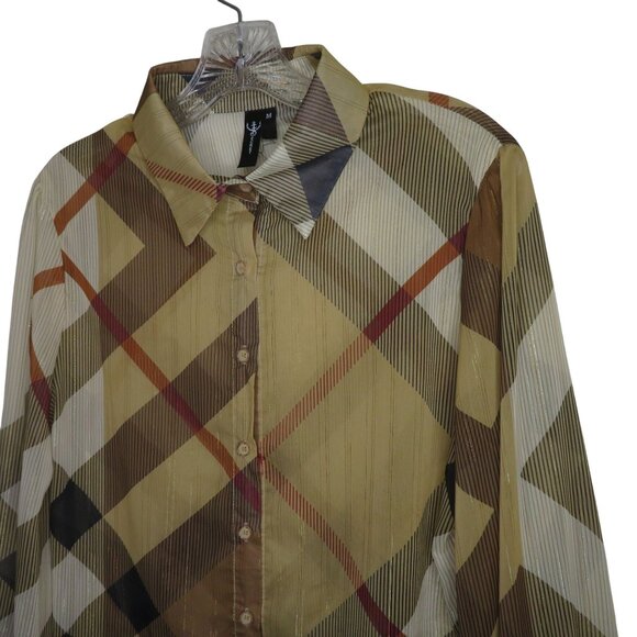 Vintage Striped Plaid Sheer Button-Down Shirt Long Sleeves Pointed Collar Size M - Picture 4 of 11